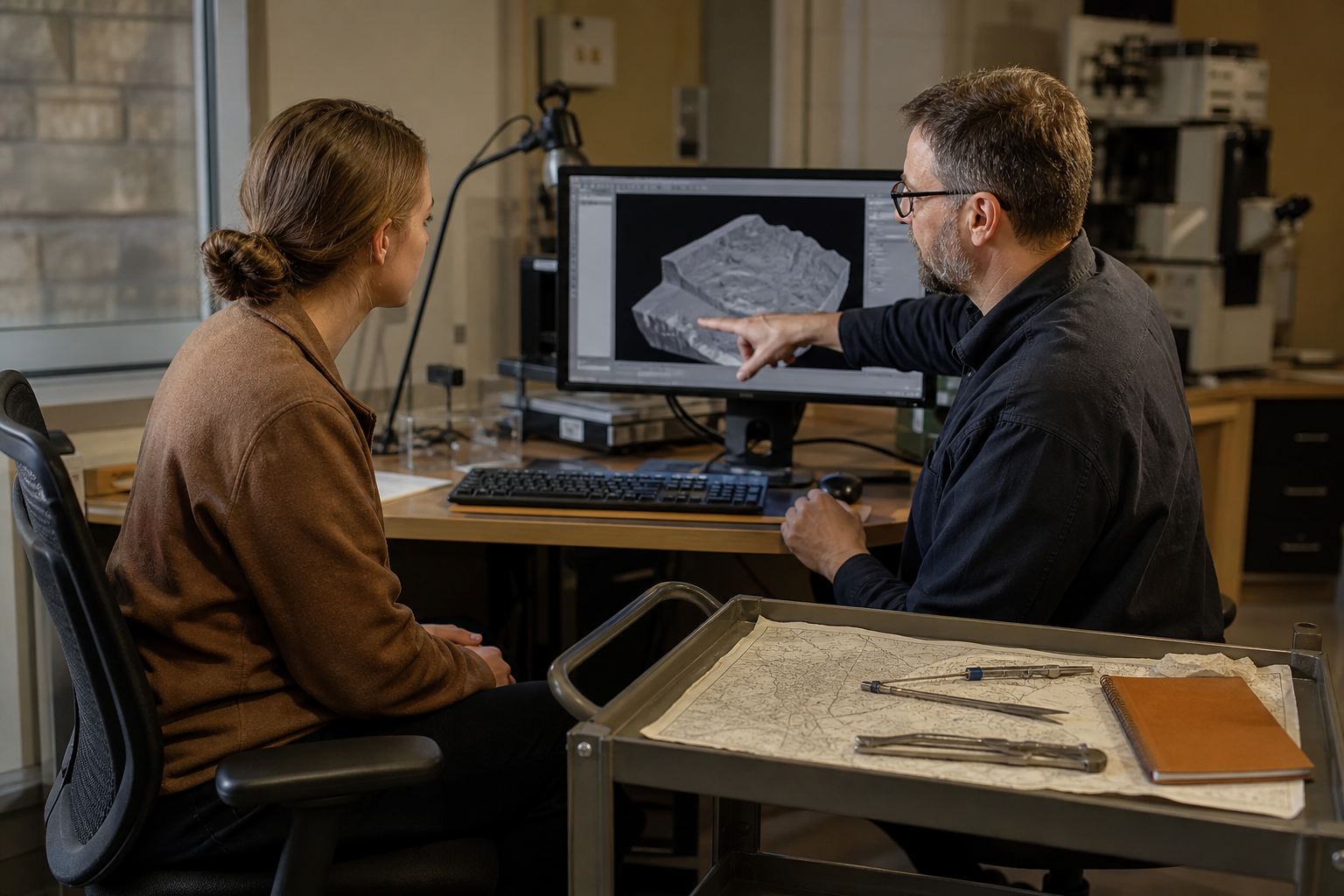 Consultant and researcher reviewing a remote scientific visualization