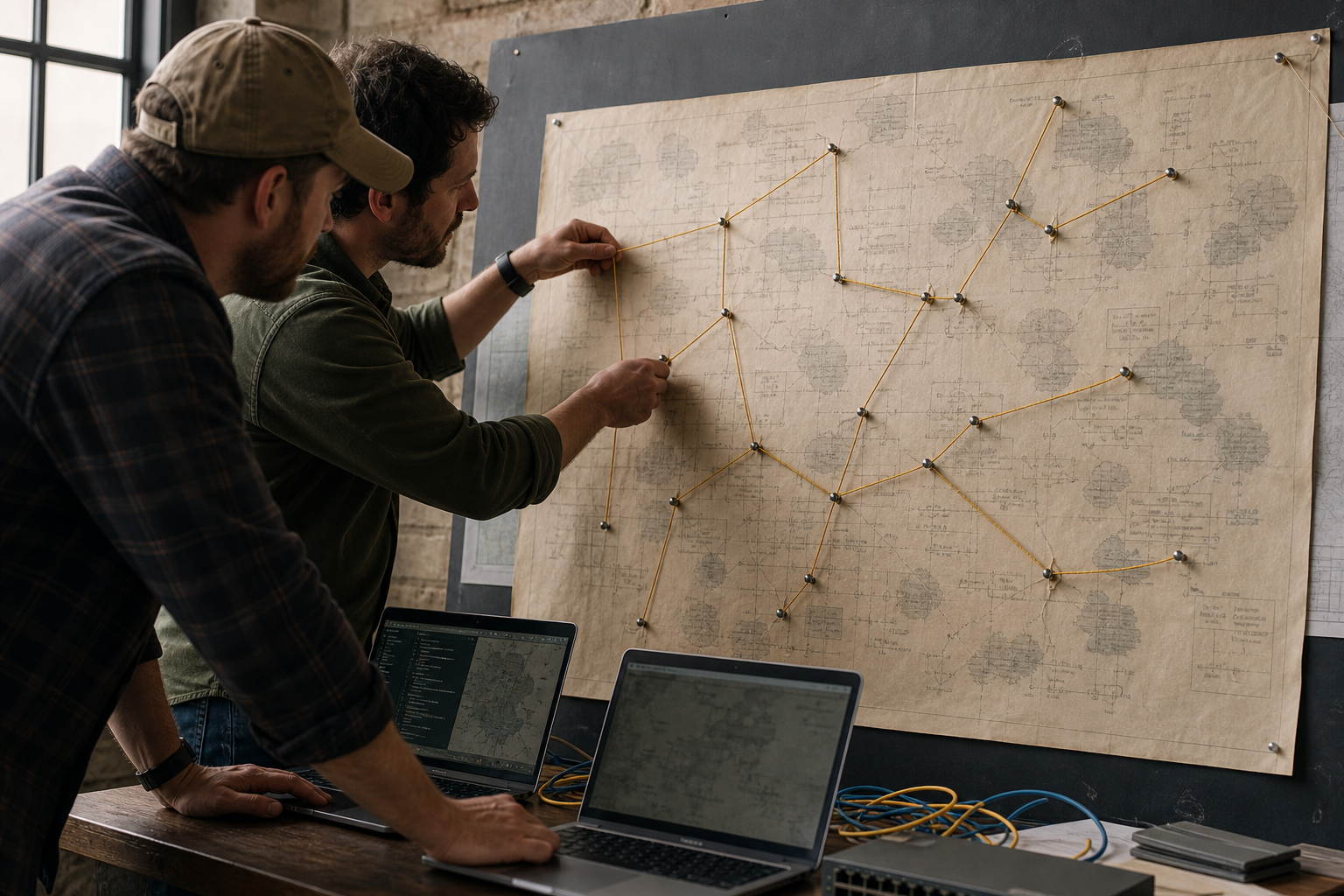 Consultants tracing remote access routes on a paper network atlas