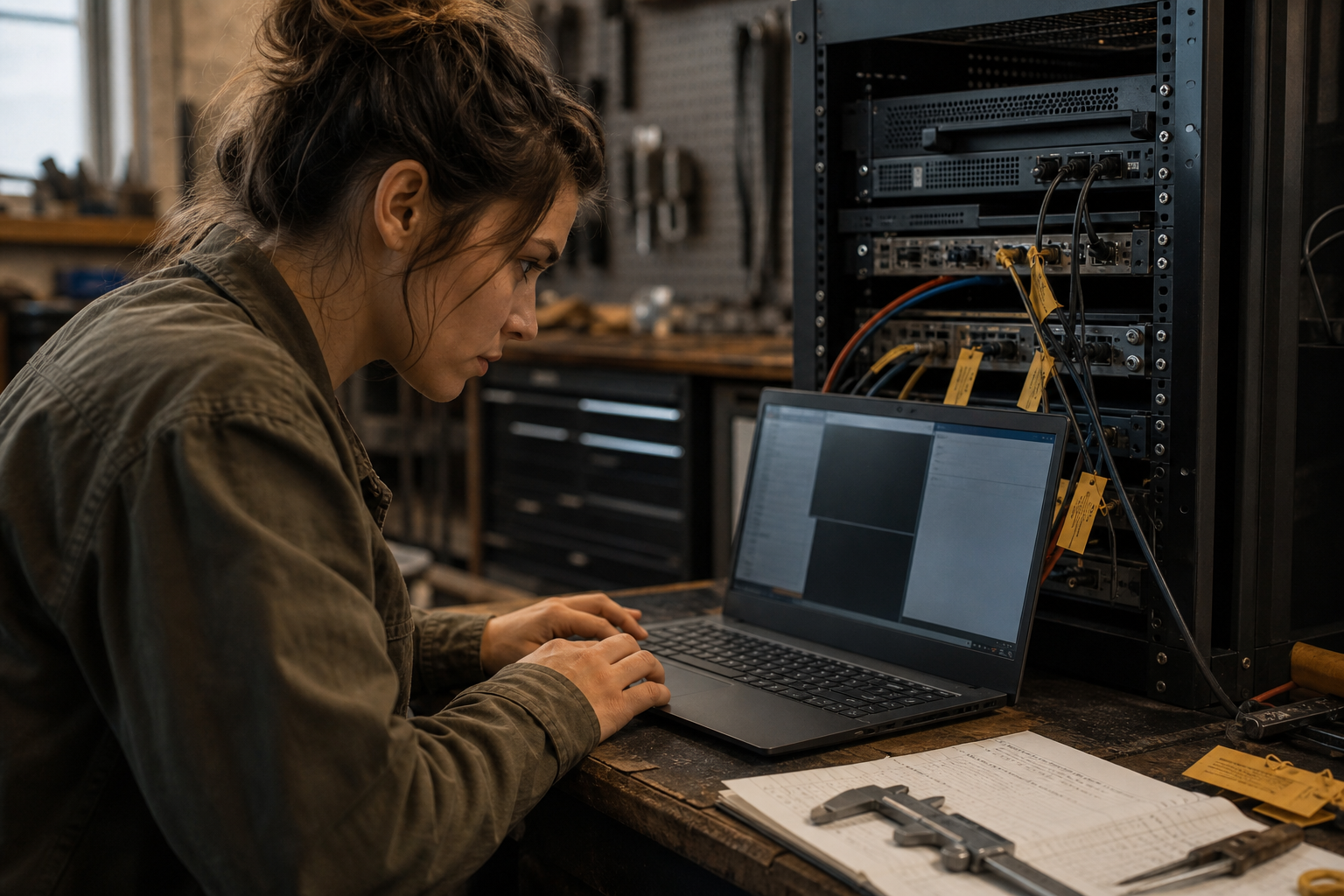 Engineer testing a Windows remote workstation beside server equipment