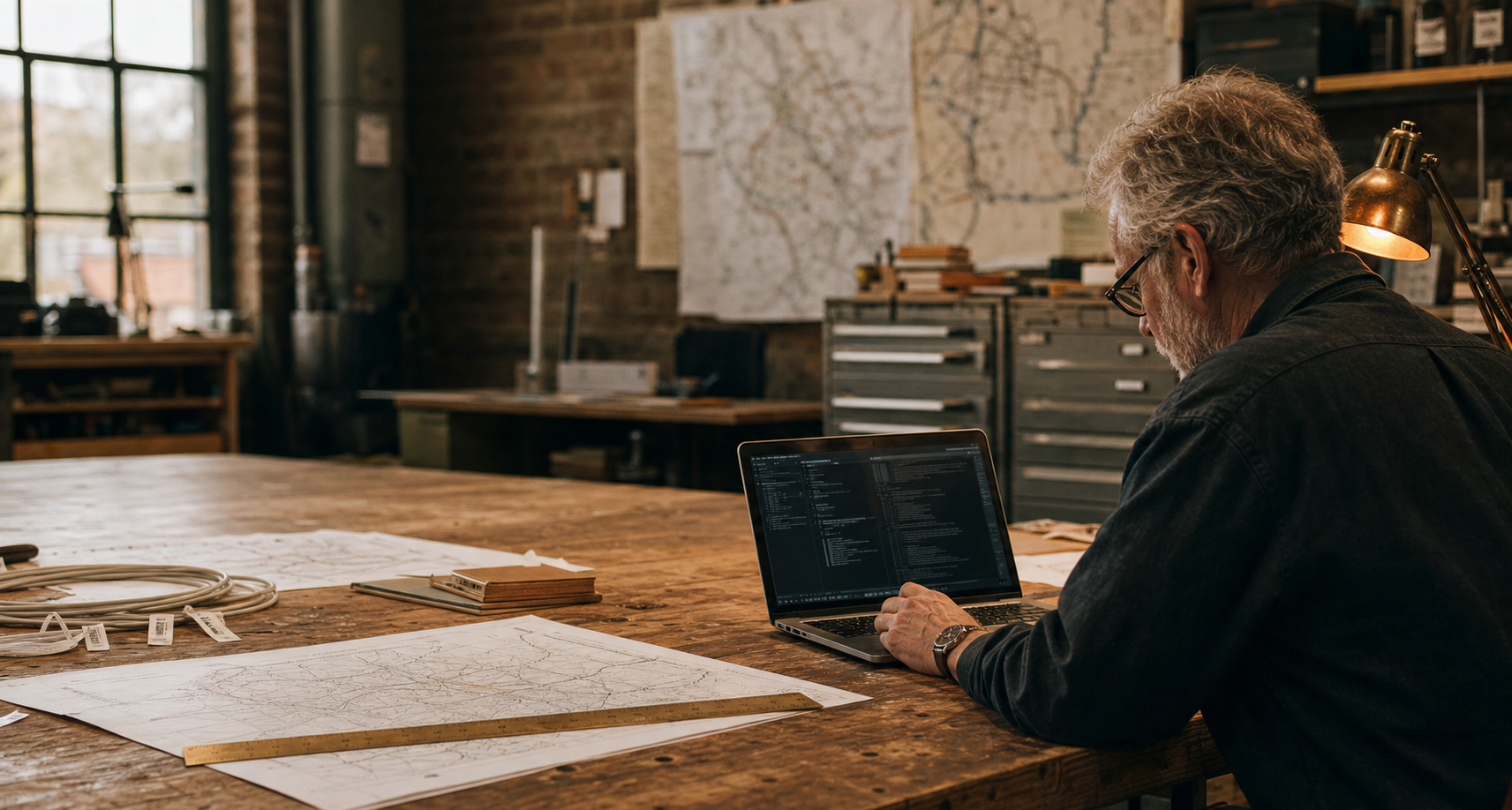 Systems engineer reviewing a remote-workstation plan at an industrial workbench