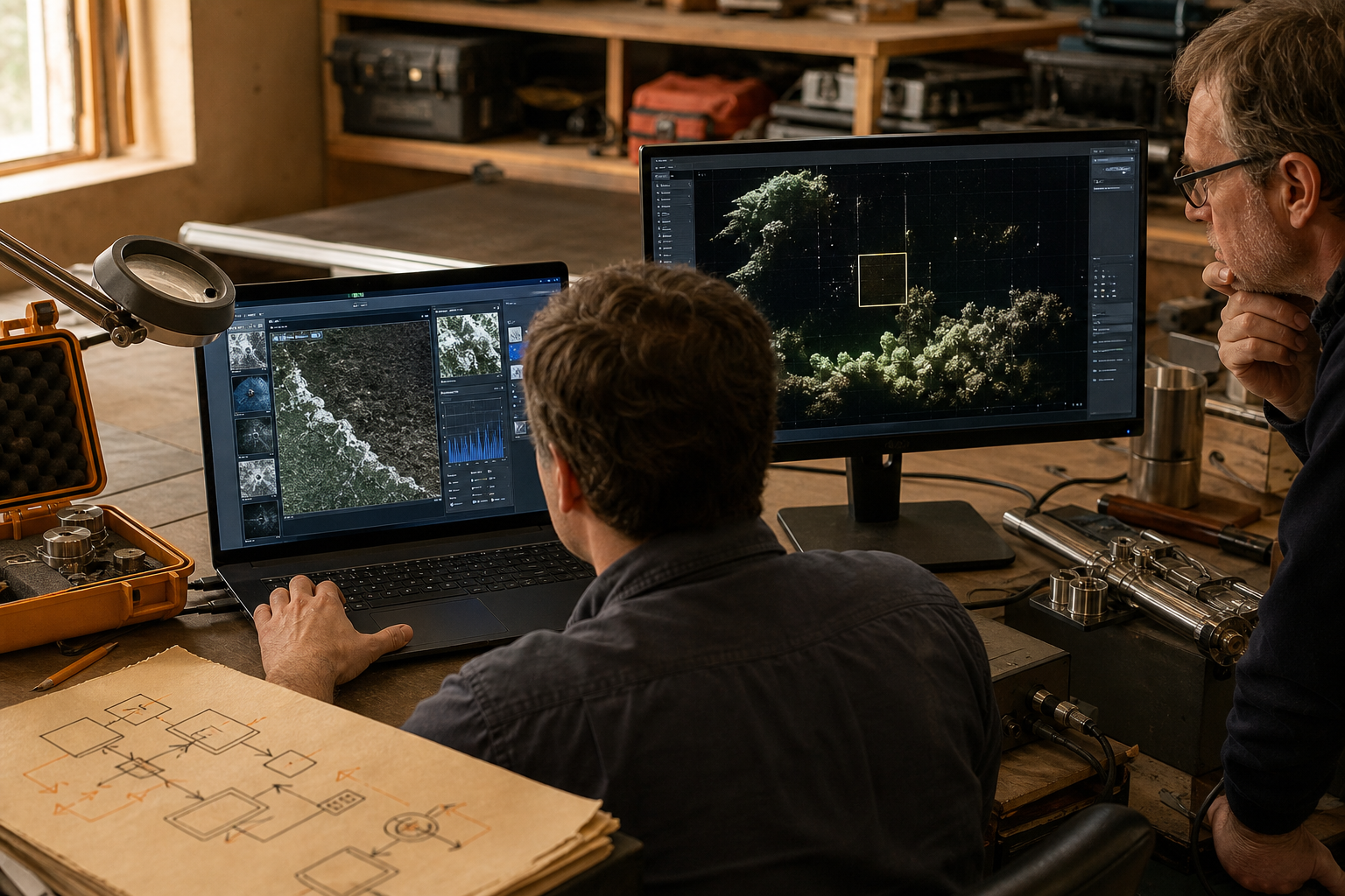 Engineers reviewing a remote scientific application displayed on a workstation